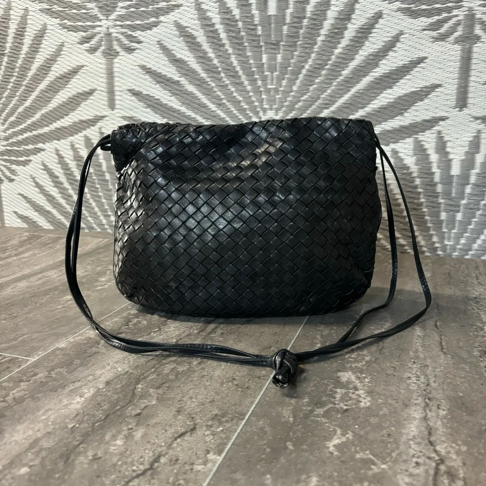 Vtg Bottega Veneta Intrecciato Drawstring Pouch Bag Blk Woven Leather Italy - Picture 4 of 16